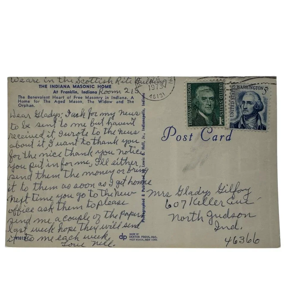 Vintage Indiana Masonic Home Postcard With 1973 Handwritten Message & Stamps